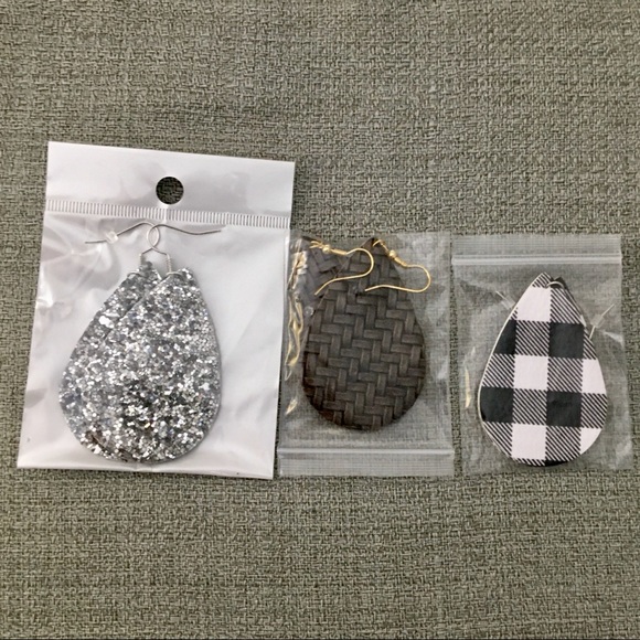 Jewelry - Faux Leather Earrings Silver Taupe Buffalo Check